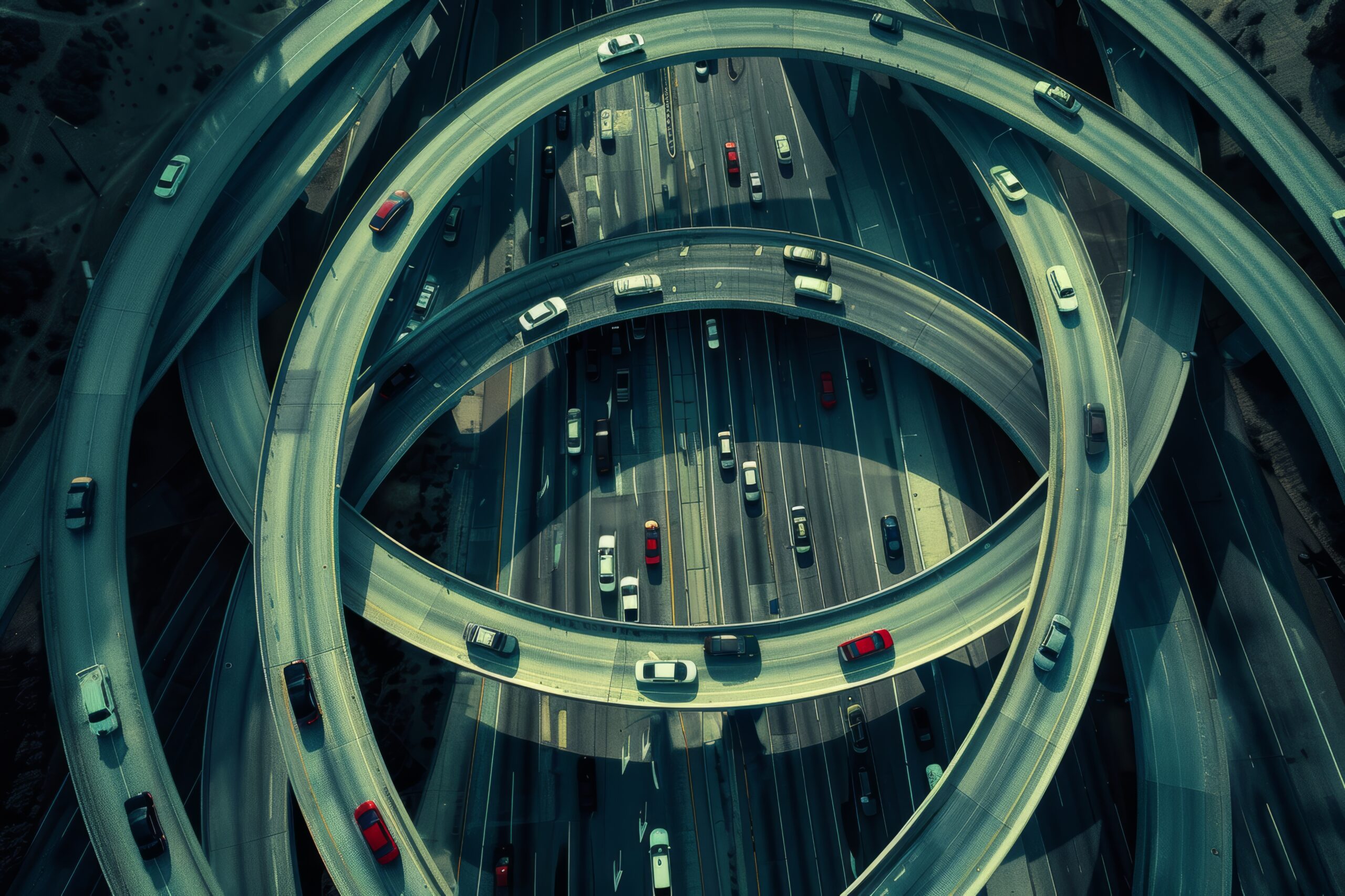 A complex ring road with cars, showing challenges and risks businesses face in managing complexity and danger - NexusInc