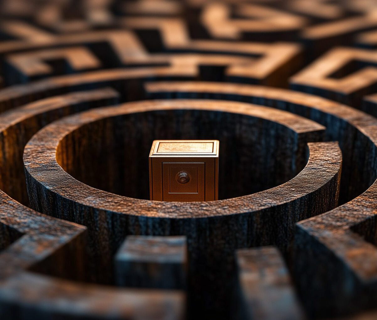 Secure safe in center of complex maze, symbolizing navigating emerging and complex business risks in Cyprus with NexusInc."